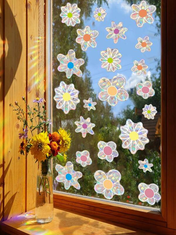 22pcs Flower Rainbow Glass Window Decal Windows Anti Collision Window Decals For Bird Strikes Glass Alert Prism Decals Non Adhesive Prism Rainbow Window Clings Of School Classroom Glass Blackboard Decorations Dorm Roo