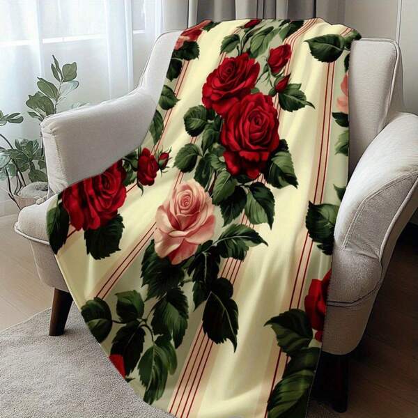 Vintage Floral Blanket - Luxurious Flannel Throw With Red Roses & Green Leaves, All-Season Soft Couch/Bedspread For Living Room, Wedding, Patio - Elegant Home Decor Gift In, Pink, Red, Green - Machine Washable Luxury Bedding, Blanket For Couch